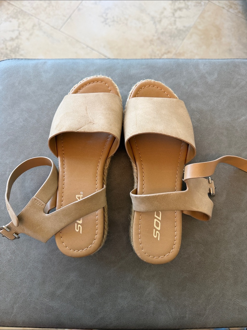 Soda Girls Tan Espadrille Slide Sandals with Ankle Strap